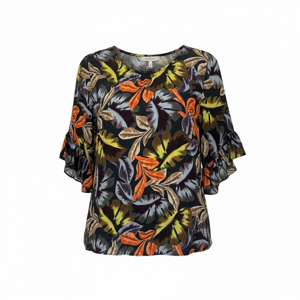 TRENERY Tropical Print Ruffle Sleeve blouse. Sz M