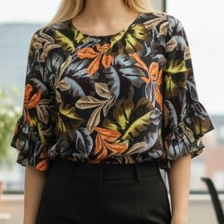 TRENERY Tropical Print Ruffle Sleeve blouse. Sz M